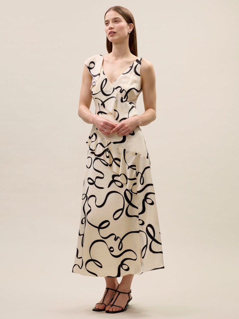 Nwt Rebecca Taylor Cream & Black Hollis Satin Dress Ribbon V-Neck Maxi Dress